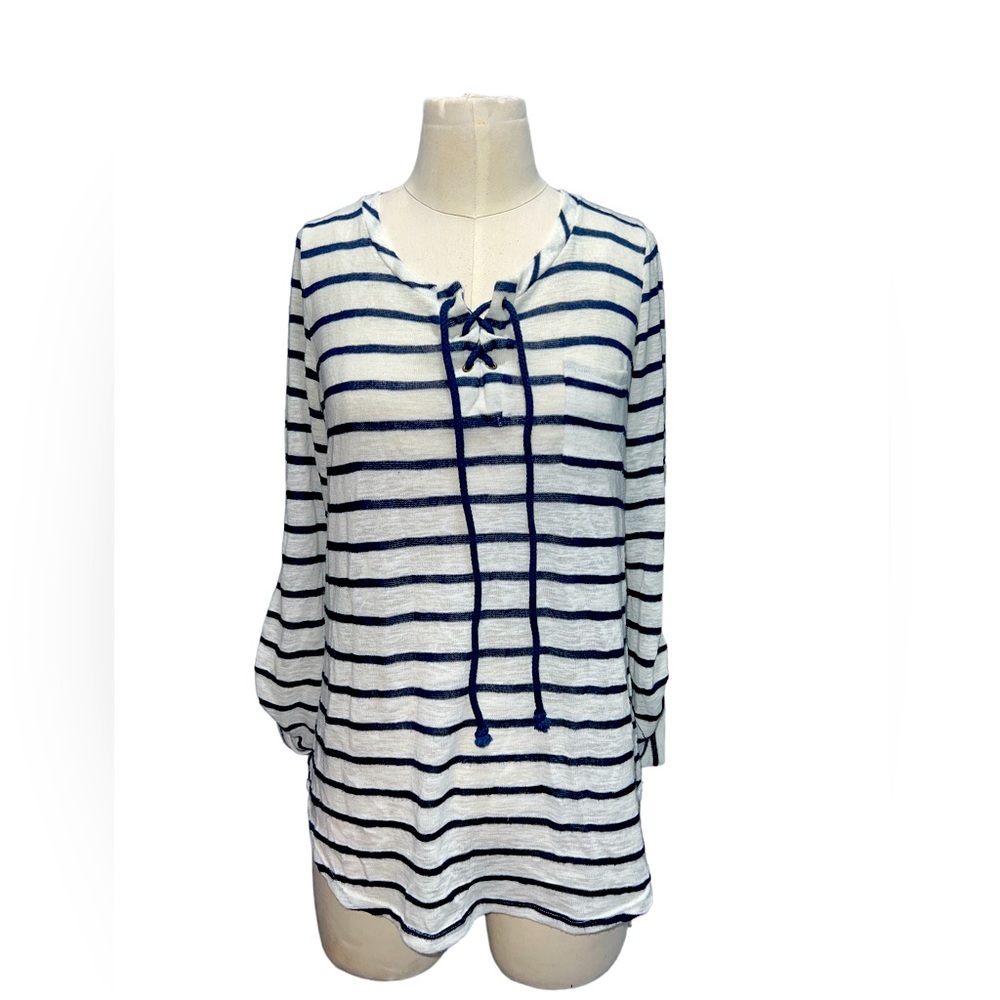 PLEIONE | WOMENS TIE NECK MID SLEEVE STRIPED PULLOVER LIGHT WEIGHT SHIRT SZ XL